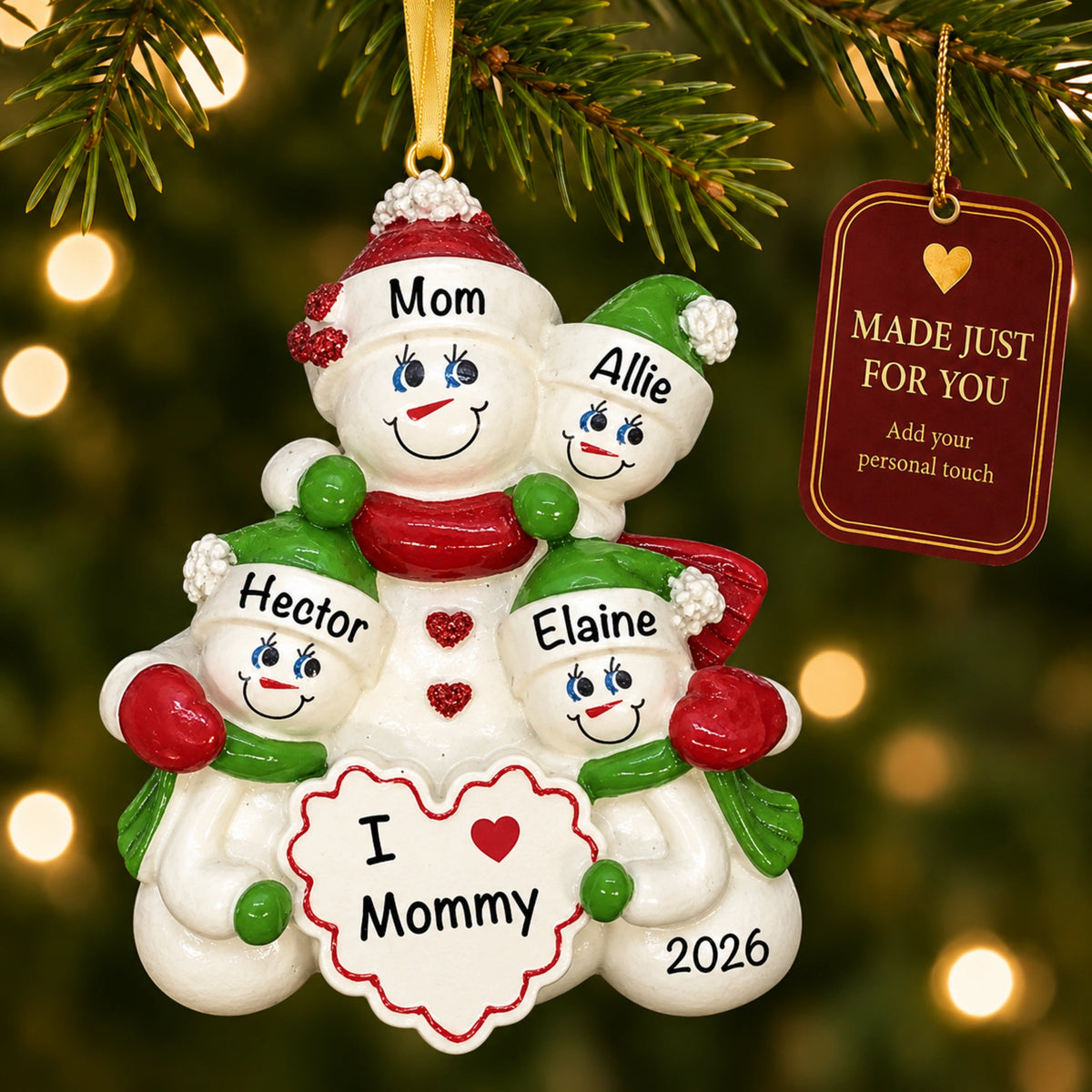 Personalized I Love Mommy 3 kids Christmas ornament on tree with a Made Just For You gift tag
