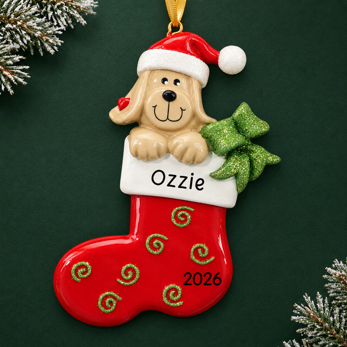 Personalized Dog In Stocking christmas ornament on a dark green pine background