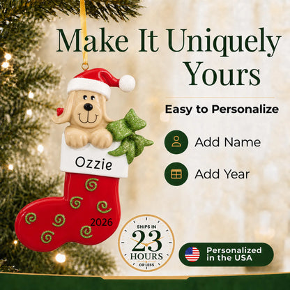 Make it yours: personalize the Dog In Stocking christmas ornament with your dog's name and the year