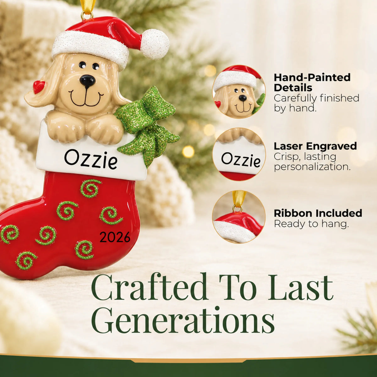 Hand-painted, laser engraved Dog In Stocking christmas ornament, ribbon included