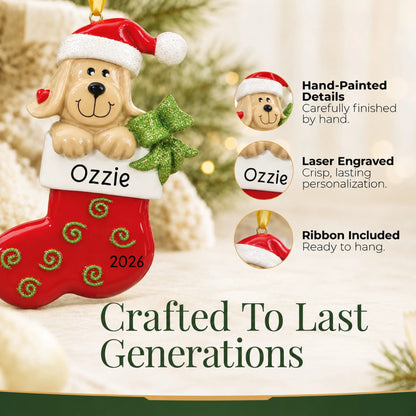 Hand-painted, laser engraved Dog In Stocking christmas ornament, ribbon included