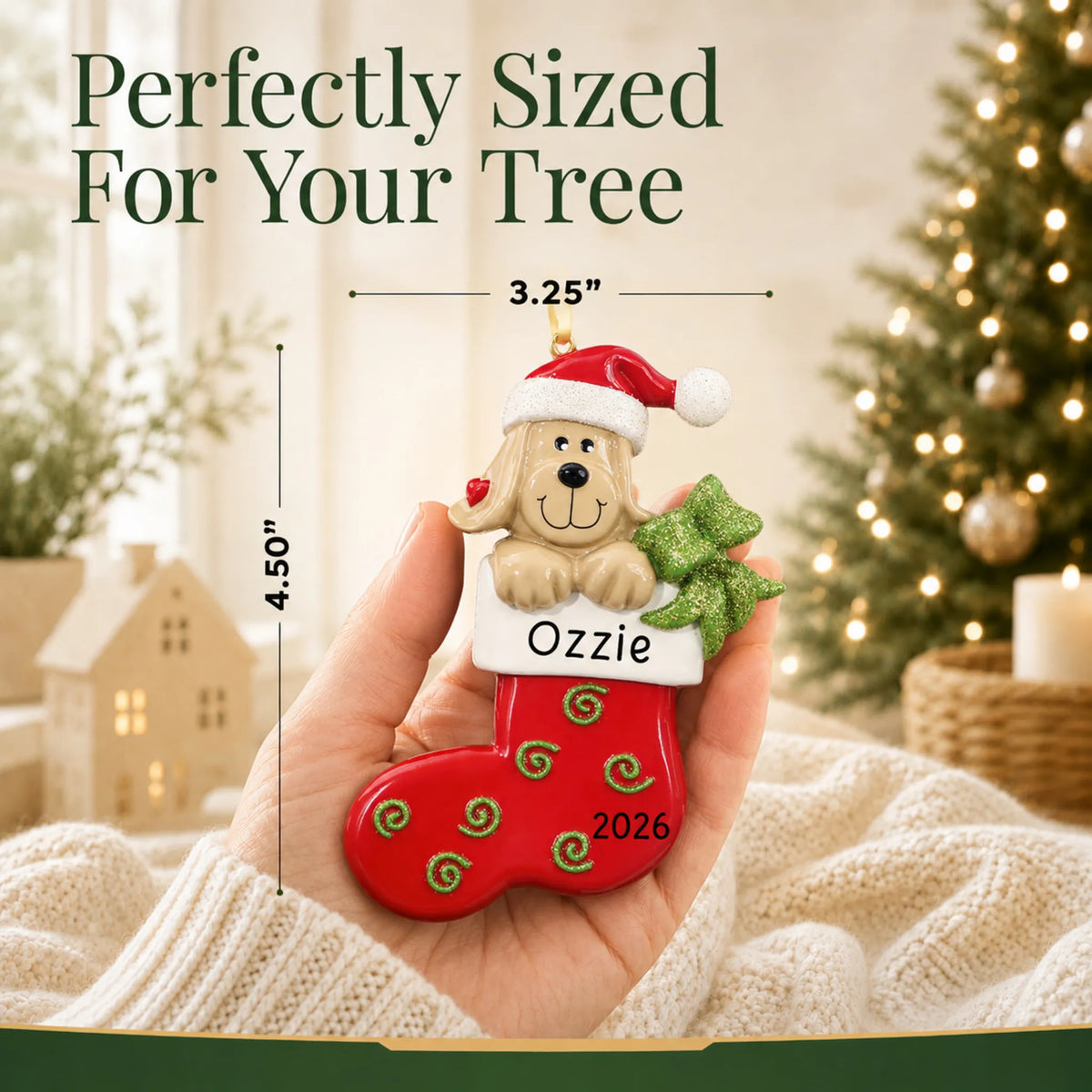 Size guide: the personalized Dog In Stocking christmas ornament is 3.25 in wide by 4.50 in tall, shown in hand