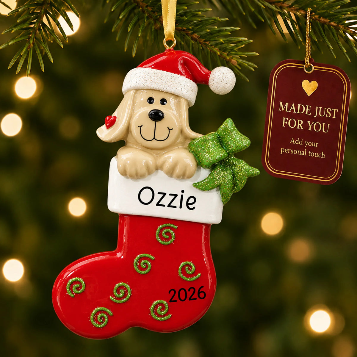 Dog In Stocking christmas ornament hanging on a lit Christmas tree with a Made Just For You gift tag