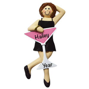 Party Girl Night Out personalized Christmas ornament with a custom name laser engraved on the pink martini glass and the year on the glass base