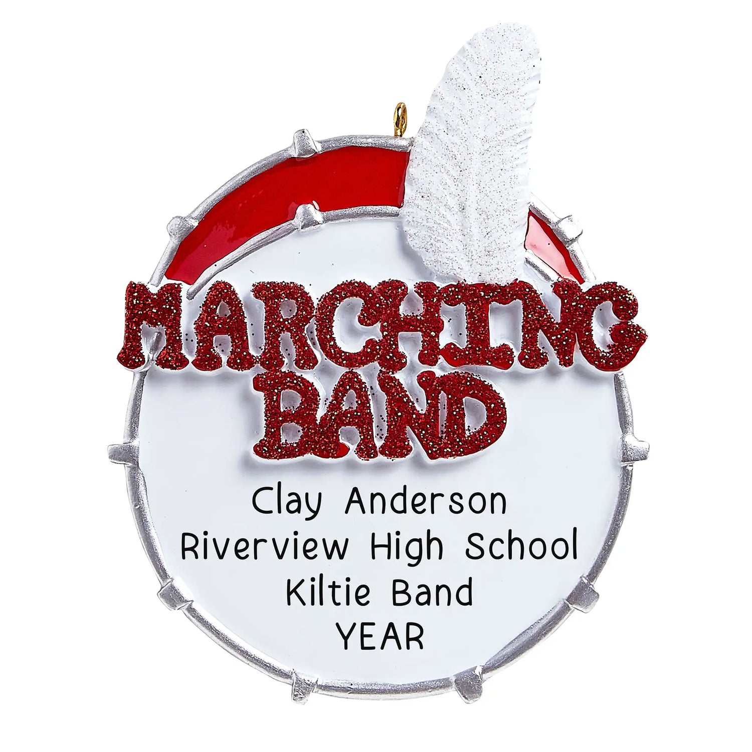 A round, red and white Christmas ornament with the text 'Marching Band' and the name 'Clay Anderson' along with 'Riverview High School' and 'Kiltie Band' year.