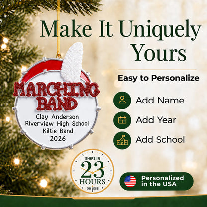 Make it yours: add name, school, band name and year to the personalized marching band christmas ornament