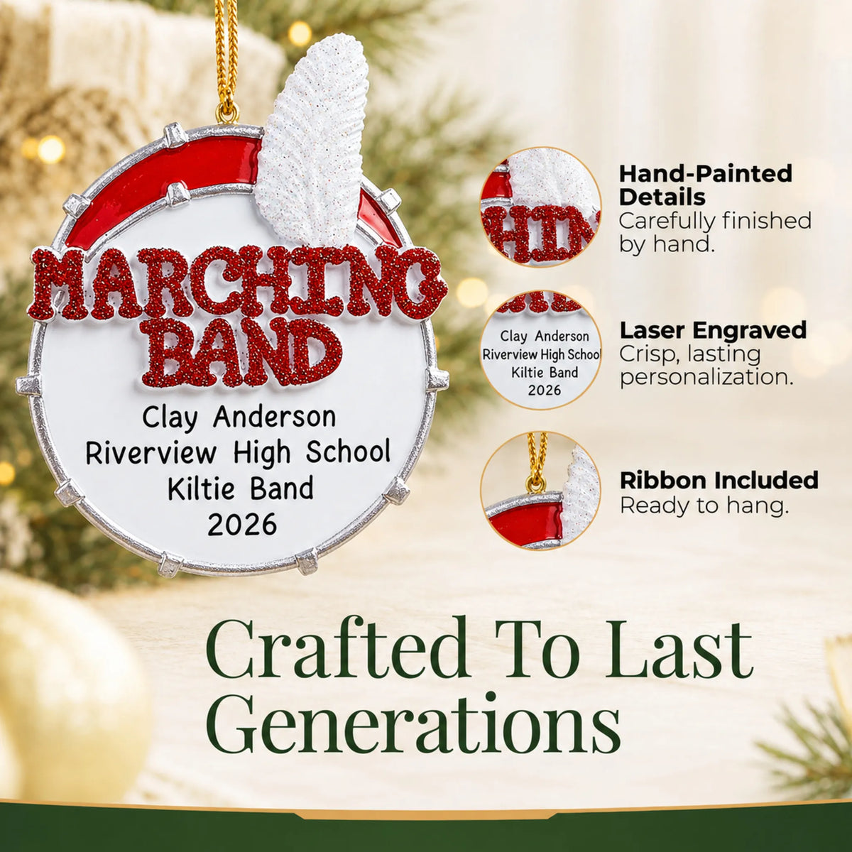 Hand-painted details and laser engraved personalization on the marching band christmas ornament, ribbon included