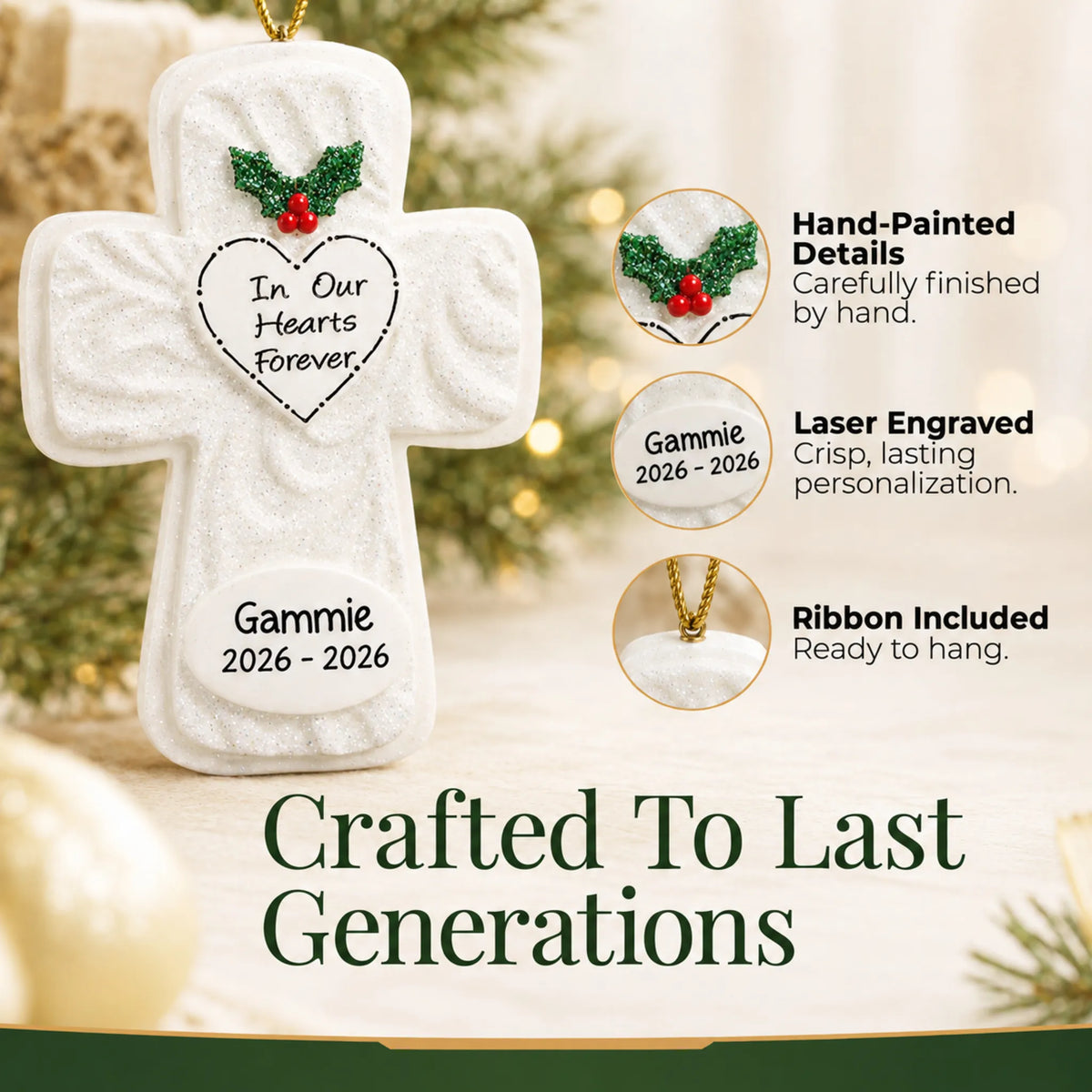 Hand-painted details and laser engraved personalization on the Memorial Cross christmas ornament, ribbon included
