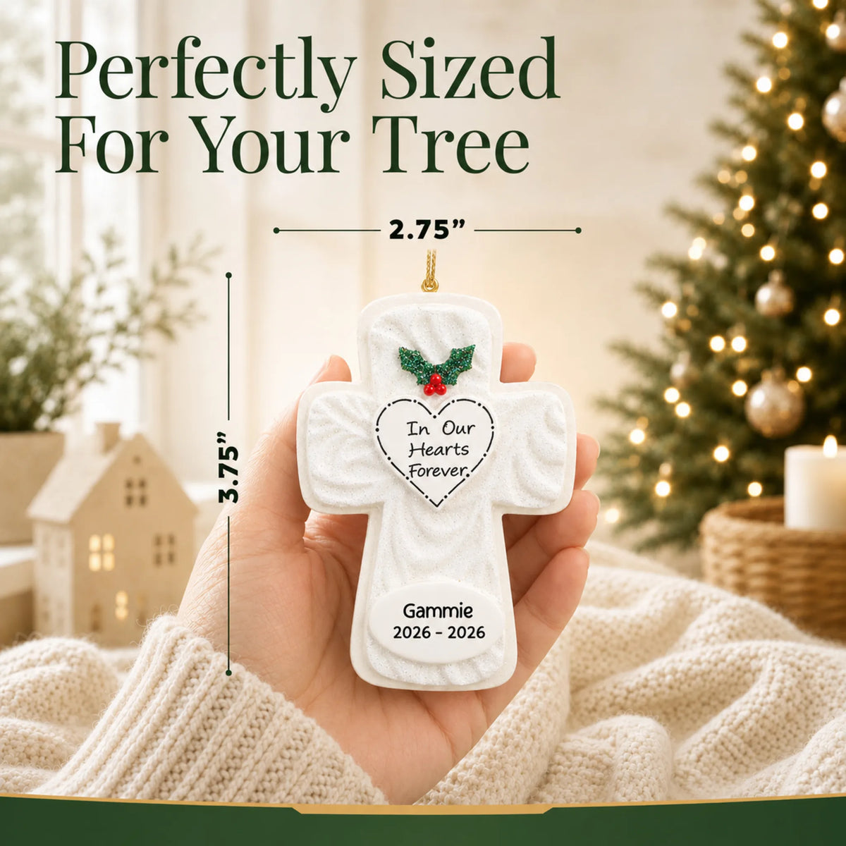 Size guide: the personalized Memorial Cross christmas ornament is 2.75 in wide by 3.75 in tall, shown in hand