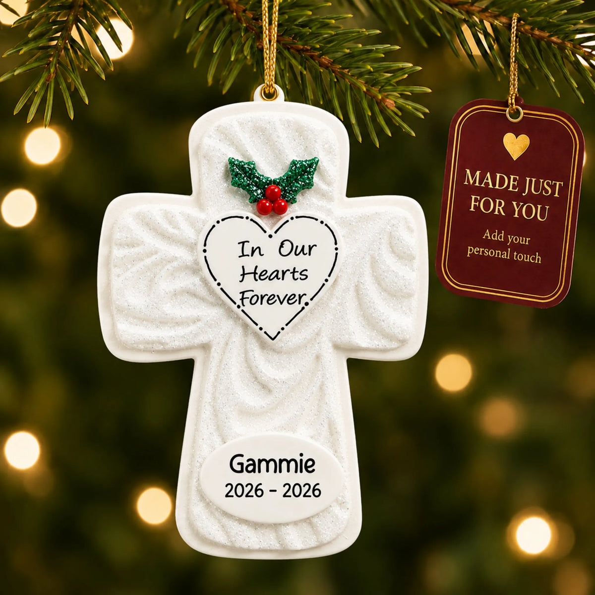 Memorial Cross christmas ornament hanging on a lit Christmas tree with a Made Just For You gift tag