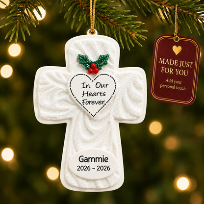 Memorial Cross christmas ornament hanging on a lit Christmas tree with a Made Just For You gift tag
