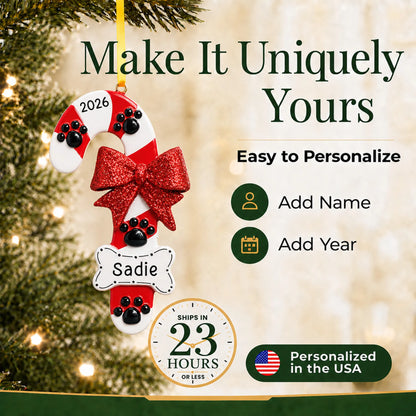 Make it yours: personalize the Dog Candy Cane christmas ornament with your dog's name and the year