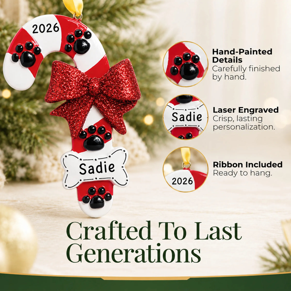 Hand-painted, laser engraved Dog Candy Cane christmas ornament, ribbon included