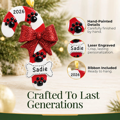 Hand-painted, laser engraved Dog Candy Cane christmas ornament, ribbon included
