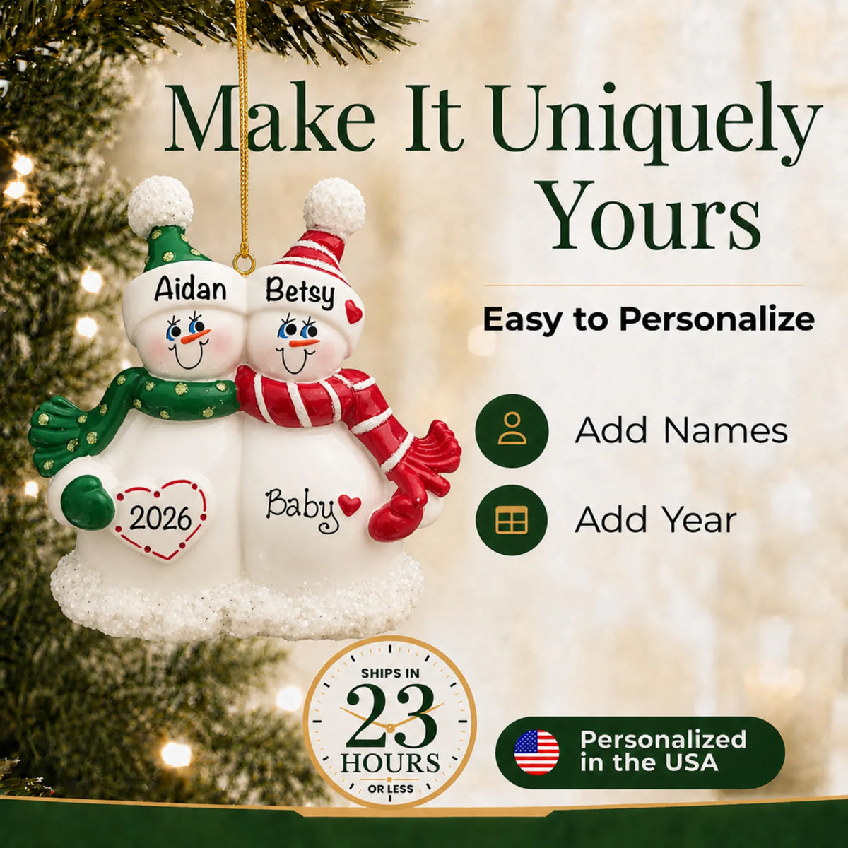 Make it yours: personalize the Snow Couple Expecting christmas ornament