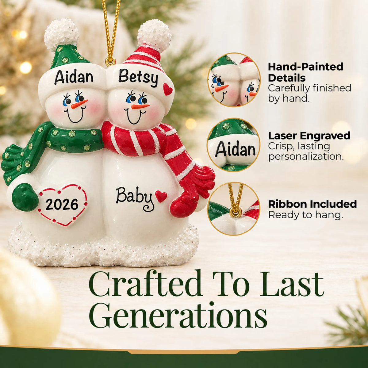 Hand-painted details and laser engraved personalization on the Snow Couple Expecting christmas ornament, ribbon included
