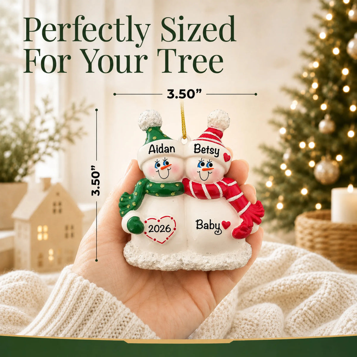 Size guide: the personalized Snow Couple Expecting christmas ornament is 3.50 in wide by 3.50 in tall, shown in hand