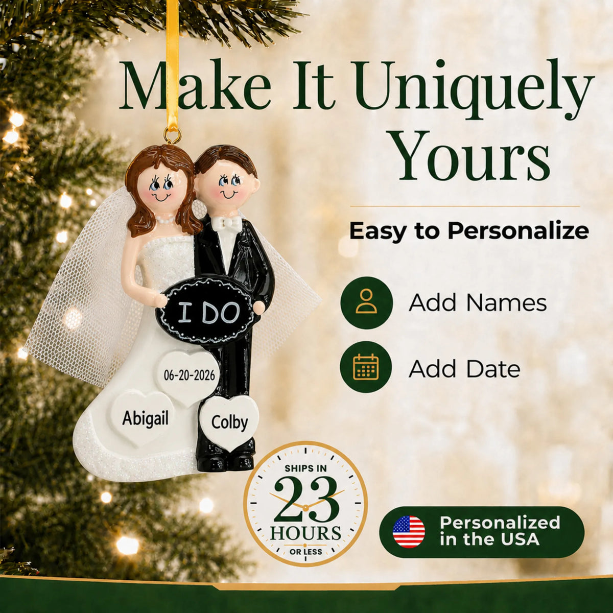 How to personalize the I Do wedding couple Christmas ornament: add names and date, ships in 23 hours