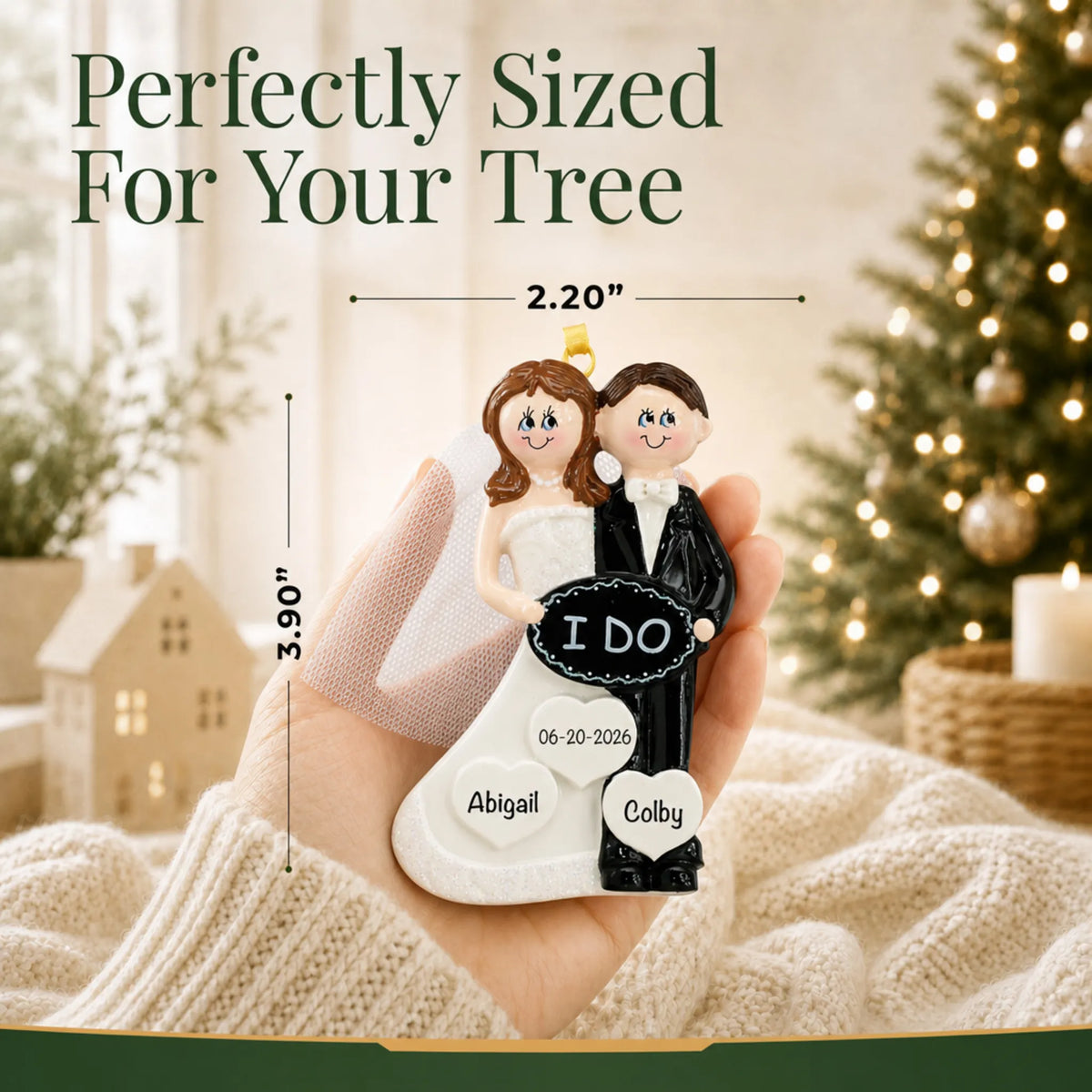 Personalized I Do wedding couple Christmas ornament held in a hand to show its 2.2 by 3.9 inch size