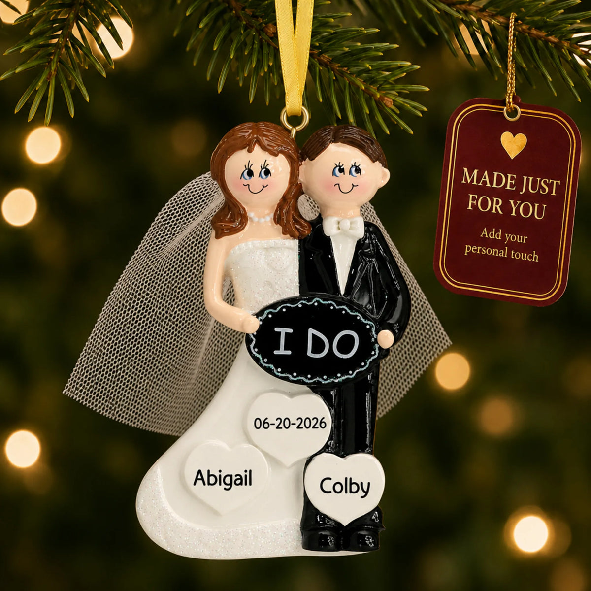 Personalized I Do wedding couple Christmas ornament on a lit Christmas tree with a Made Just For You tag