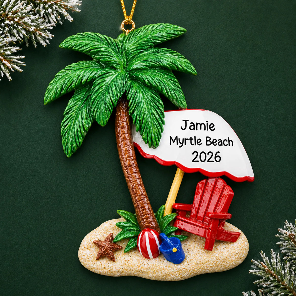 Personalized island oasis beach vacation christmas ornament on a dark green pine background