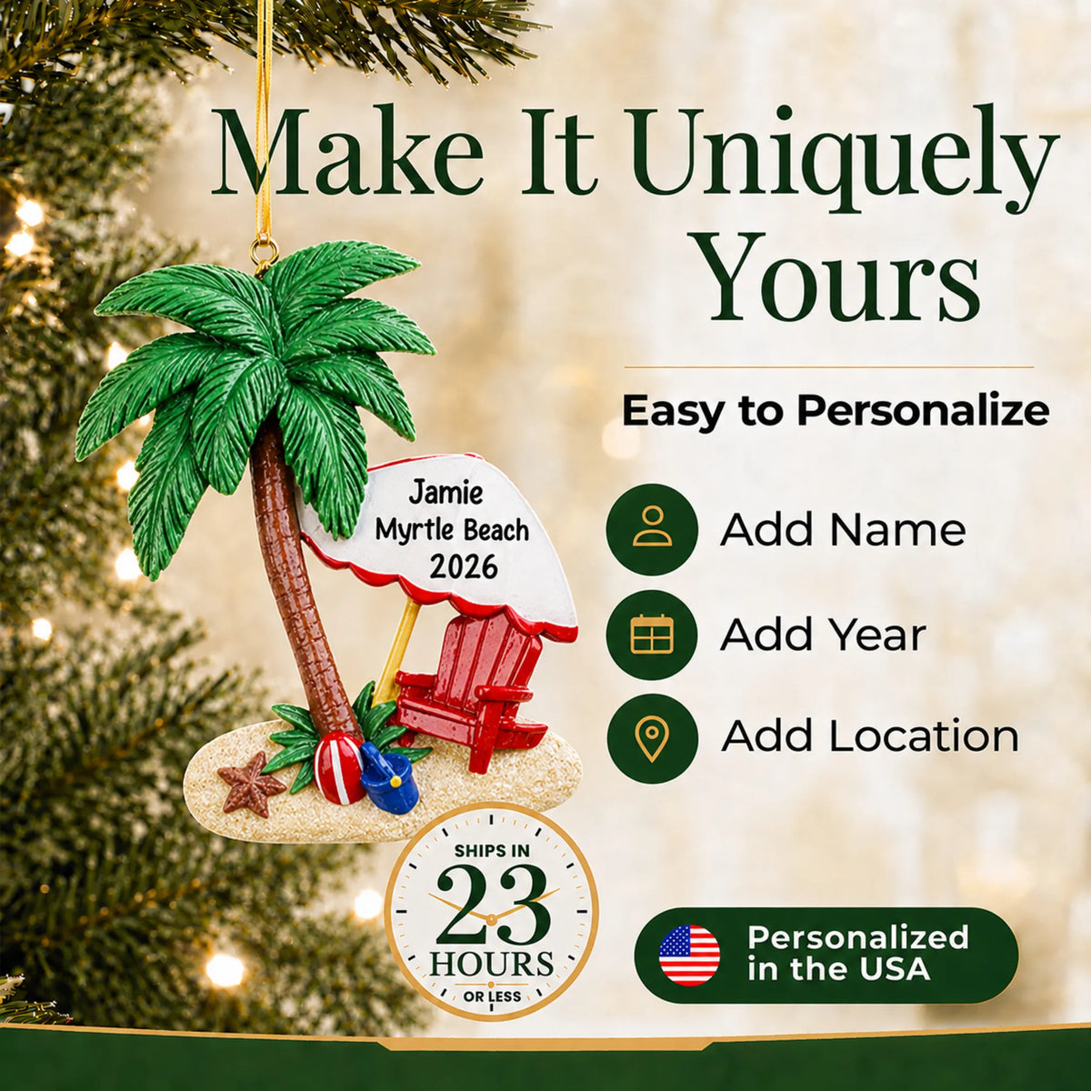 Make it yours: add name, year and location to the personalized island oasis beach vacation christmas ornament