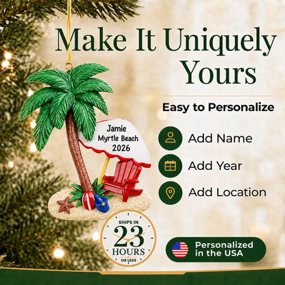 Make it yours: add name, year and location to the personalized island oasis beach vacation christmas ornament