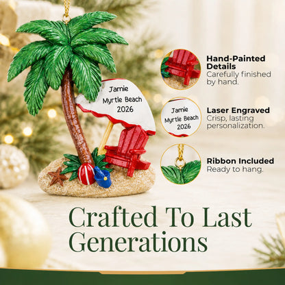 Hand-painted, laser engraved island oasis beach vacation christmas ornament, ribbon included