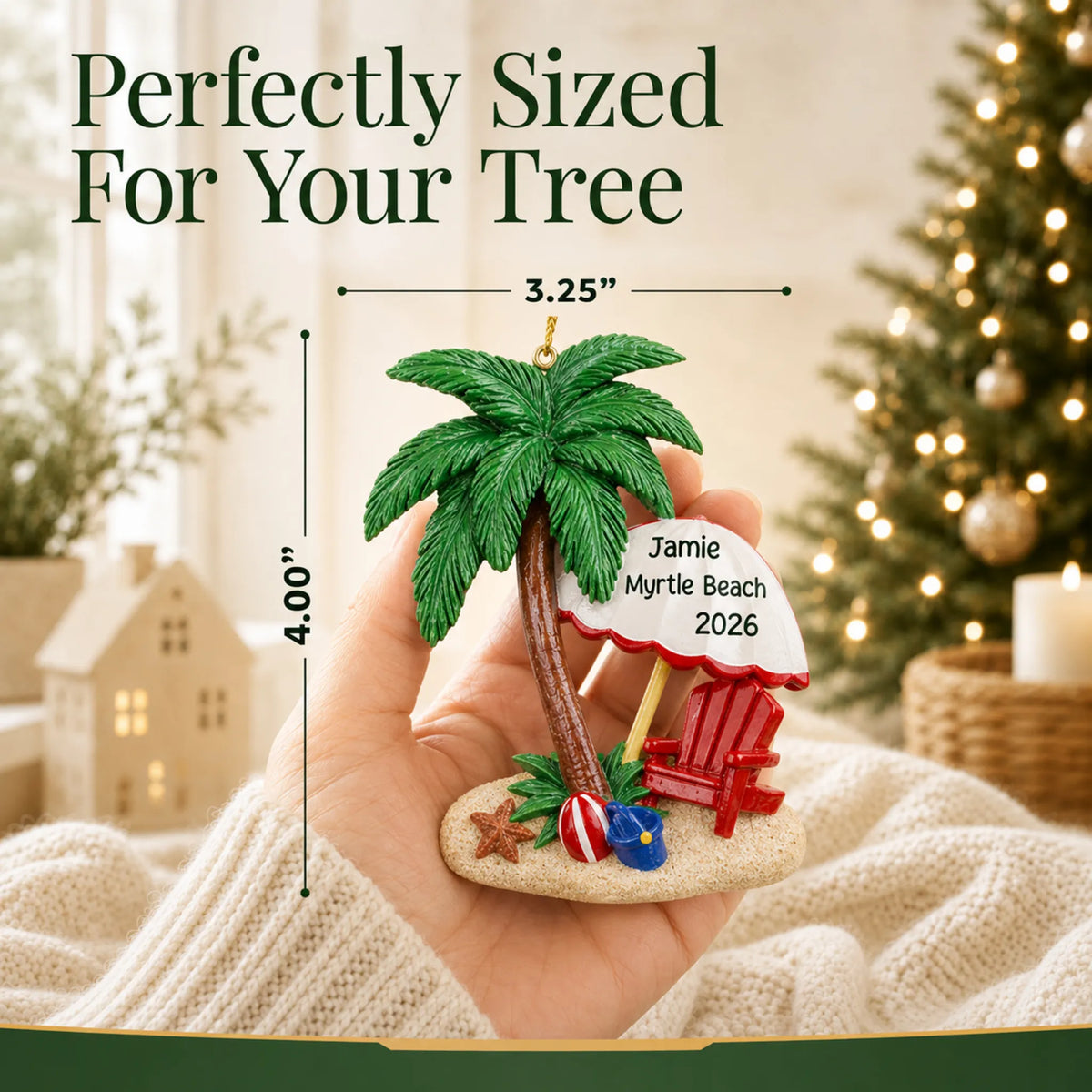 Size guide: the personalized island oasis beach vacation christmas ornament is 3.25 in wide by 4.00 in tall, shown in hand