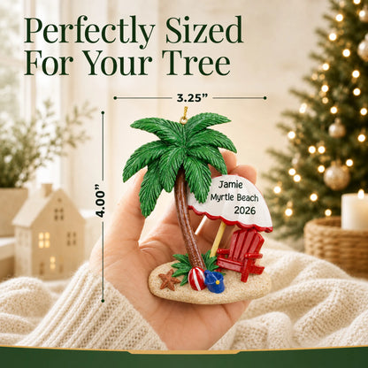 Size guide: the personalized island oasis beach vacation christmas ornament is 3.25 in wide by 4.00 in tall, shown in hand