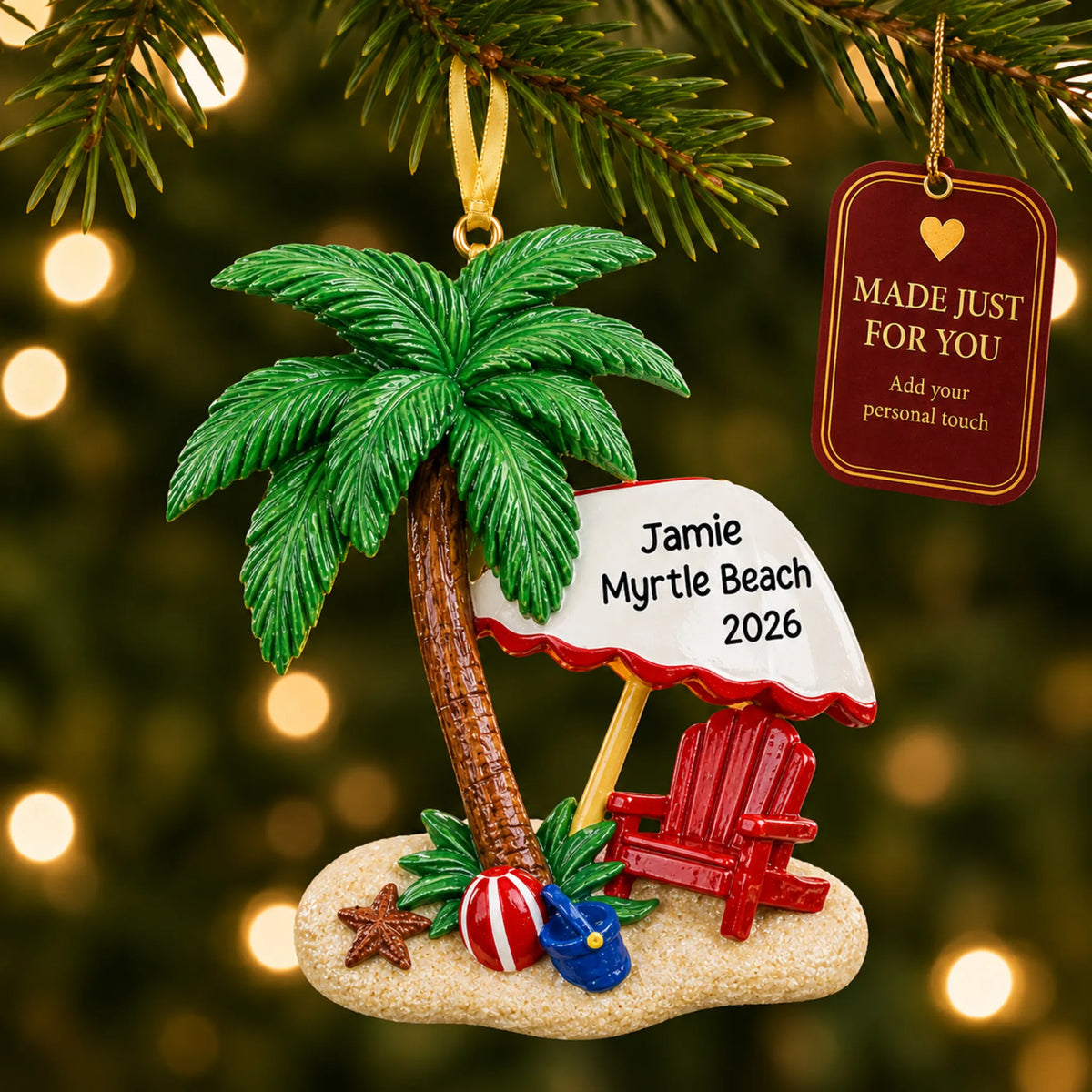 Island oasis beach vacation christmas ornament hanging on a lit Christmas tree with a Made Just For You gift tag