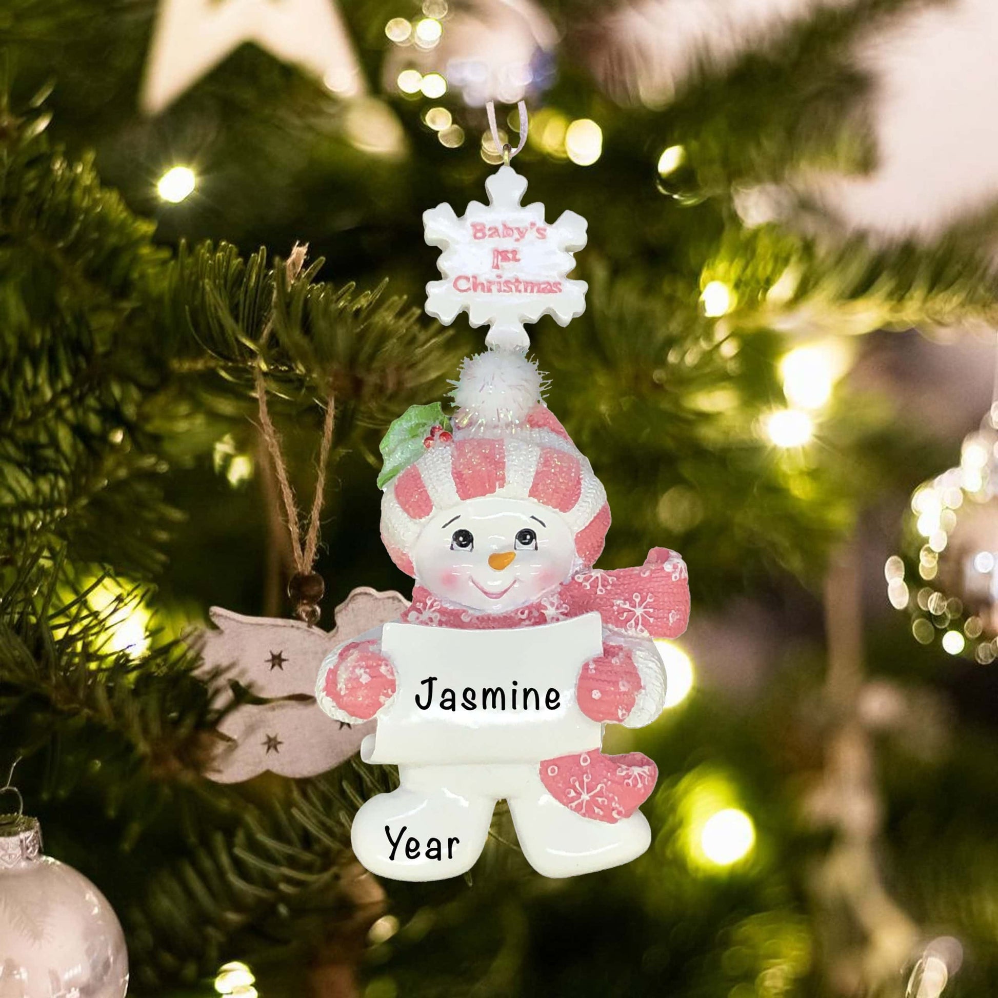 A1228 Personalized Pink Babys First Christmas Snowman Girl Christmas Ornament