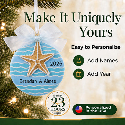Make it yours: add names and year to the personalized starfish beach christmas ornament