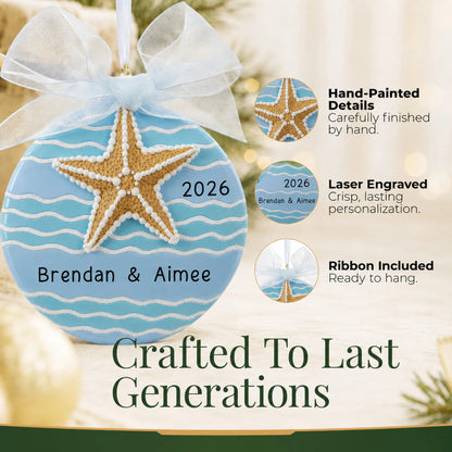 Hand-painted details and laser engraved personalization on the starfish beach christmas ornament, ribbon included