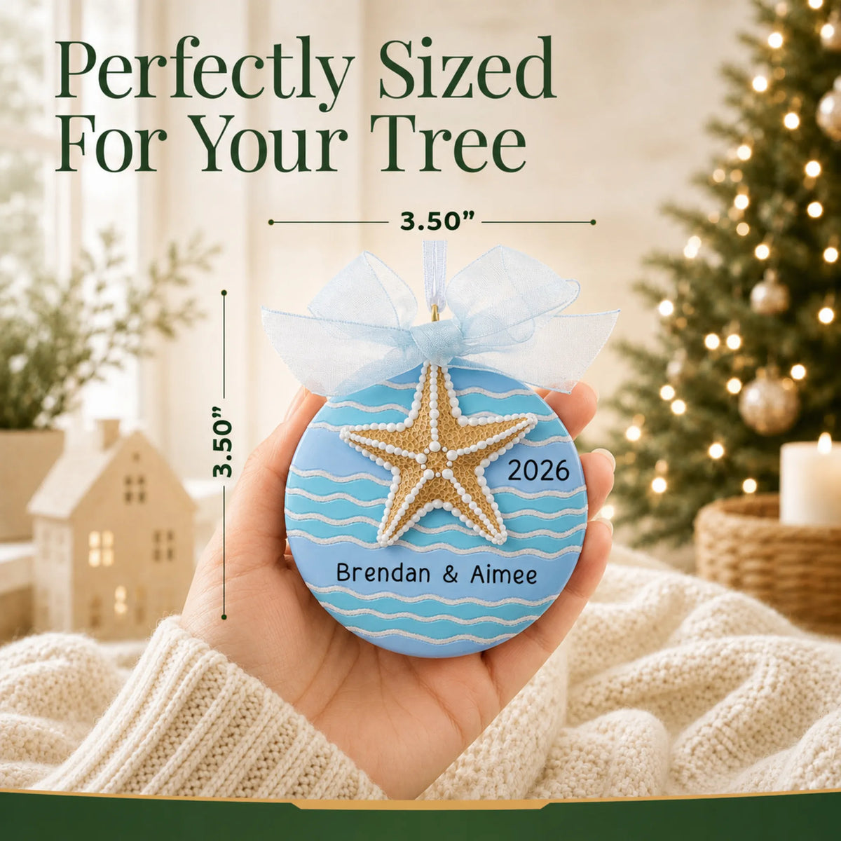 Size guide: the personalized starfish beach christmas ornament is 3.50 in wide by 3.50 in tall, shown in hand