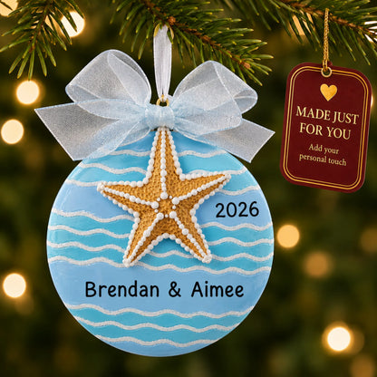Starfish beach christmas ornament hanging on a lit Christmas tree with a Made Just For You gift tag