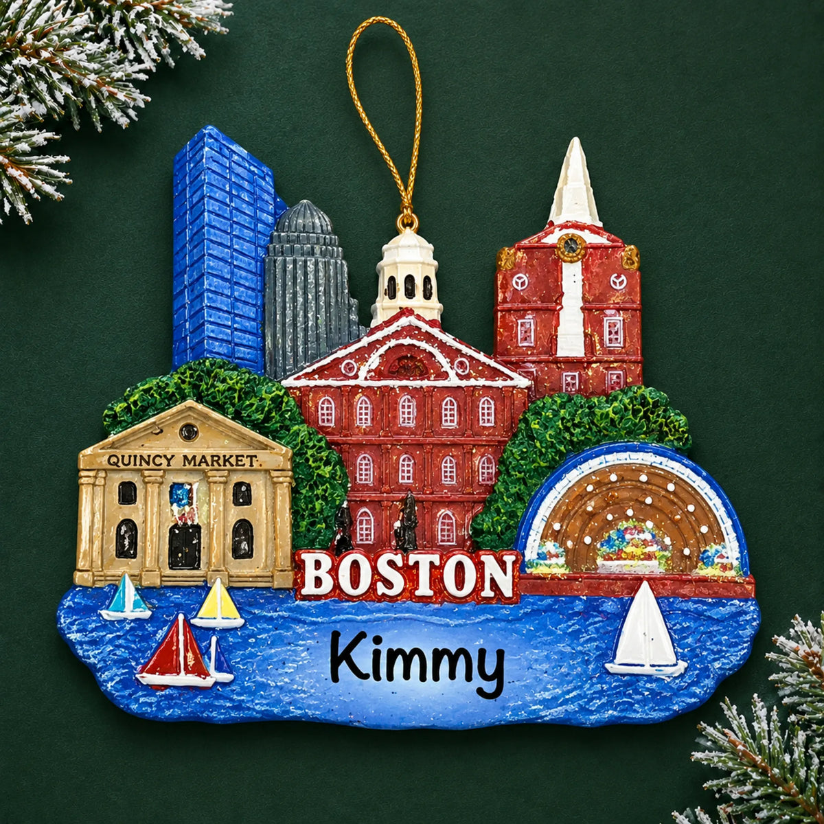 Personalized Boston christmas ornament, a Boston skyline with Quincy Market and sailboats, on a dark green pine background