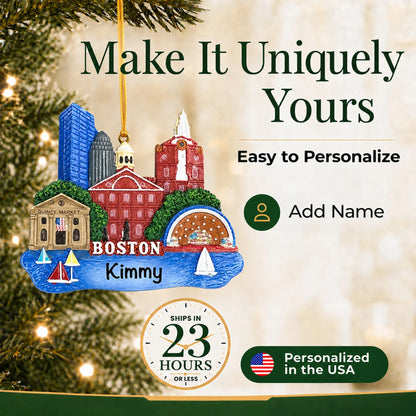 Make it yours: add name to the personalized Boston christmas ornament