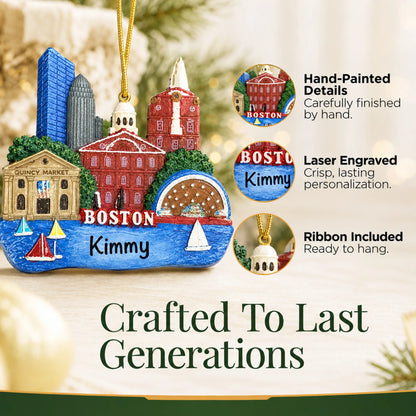 Hand-painted details and laser engraved personalization on the Boston christmas ornament, ribbon included