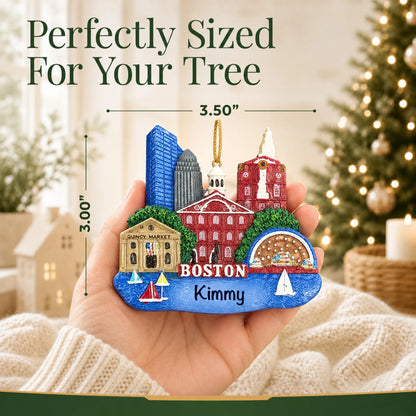 Size guide: the personalized Boston christmas ornament is 3.50 in wide by 3.00 in tall, shown in hand