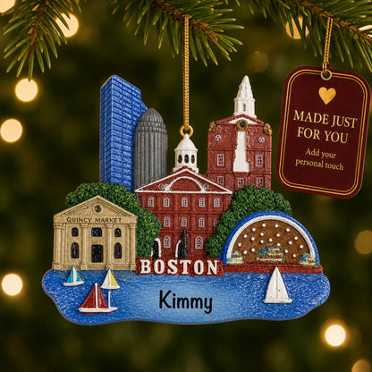 Boston christmas ornament hanging on a lit Christmas tree with a Made Just For You gift tag