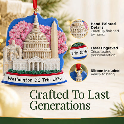 Hand-painted details and laser engraved personalization on the Washington DC christmas ornament, ribbon included