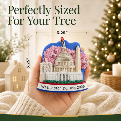 Size guide: the personalized Washington DC christmas ornament is 3.25 in wide by 3.25 in tall, shown in hand