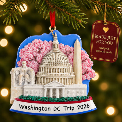 Washington DC christmas ornament hanging on a lit Christmas tree with a Made Just For You gift tag