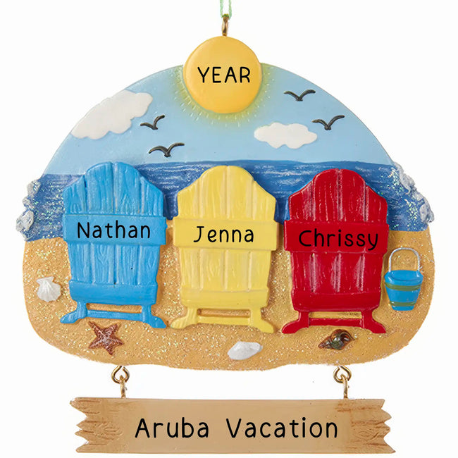 Beach Chair Family 3 Personalized Christmas Ornament family vacation keepsake celebrating beach travel memories