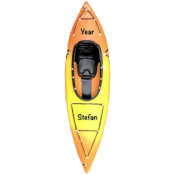 Personalized Christmas ornament shaped like a single-person orange and yellow kayak with a black seat, with the front deck area ready for custom name and year engraving.
