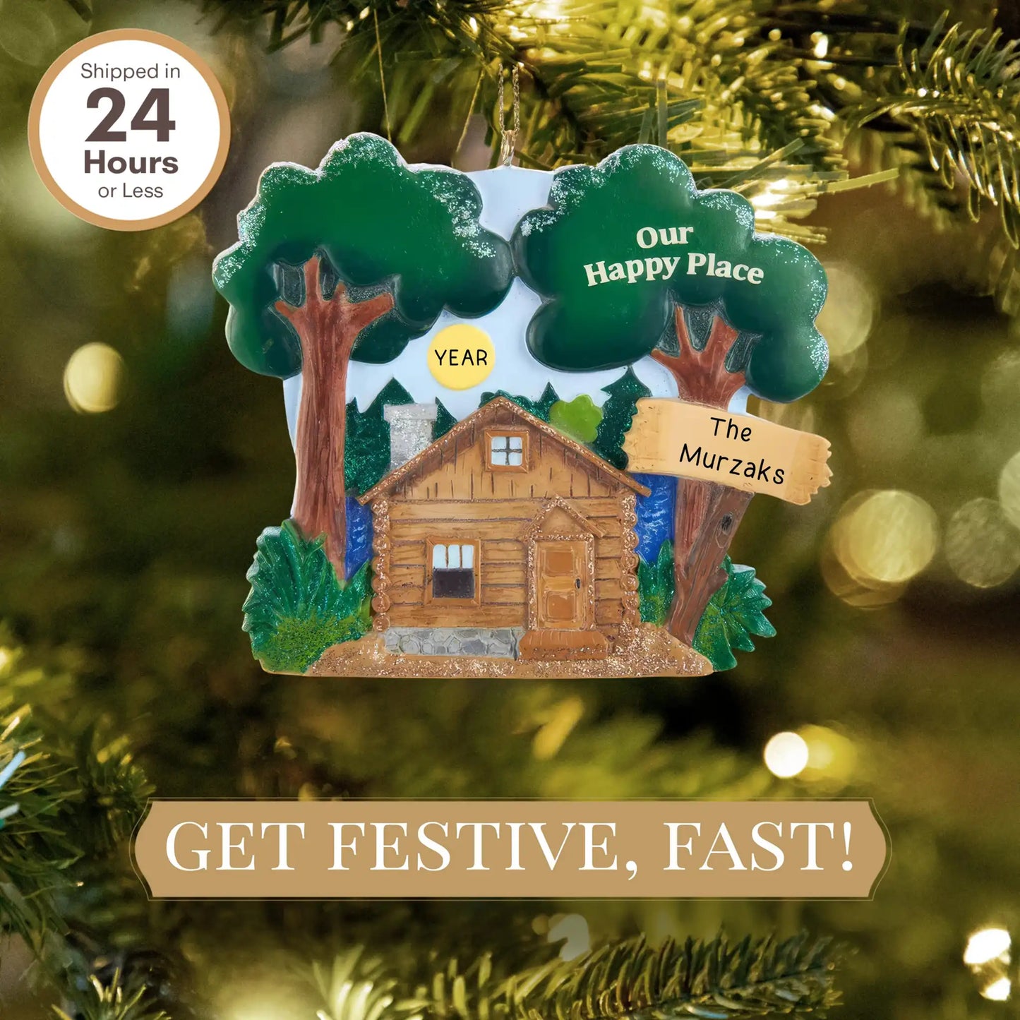 Wilderness Lake Cabin Personalized Ornament