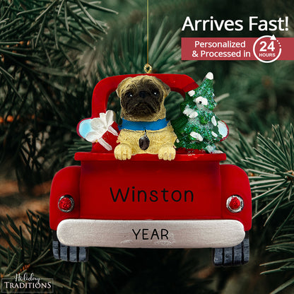 Pug in Vintage Truck Christmas Ornament