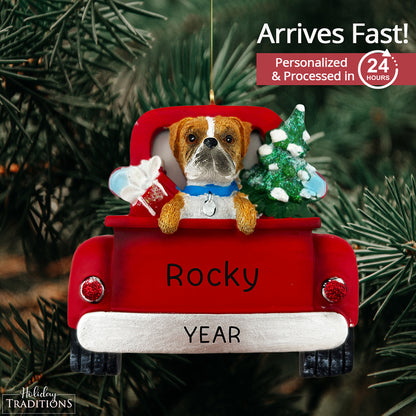 Boxer in Vintage Truck Christmas Ornament