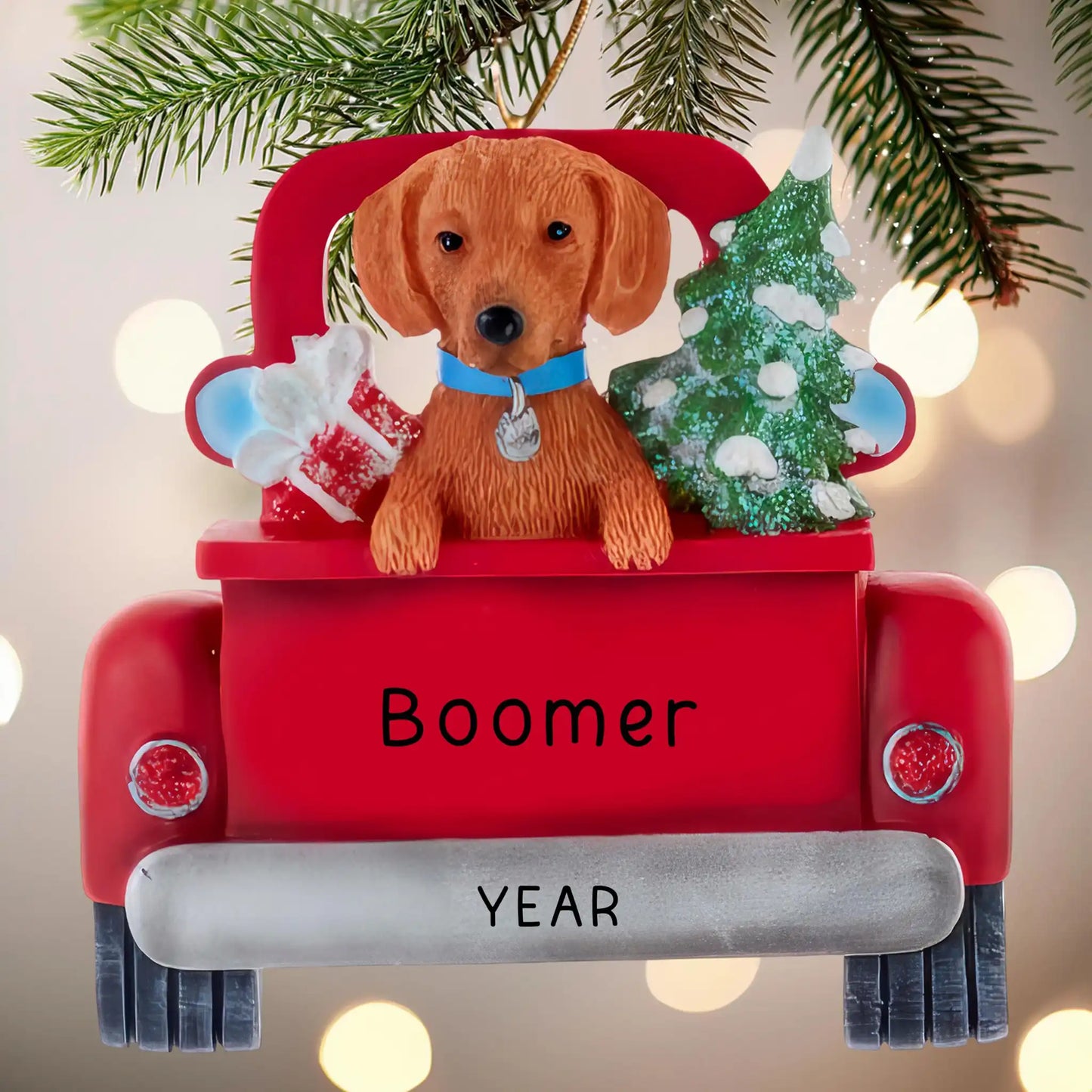 Adorno navideño de perro salchicha marrón - Camión vintage